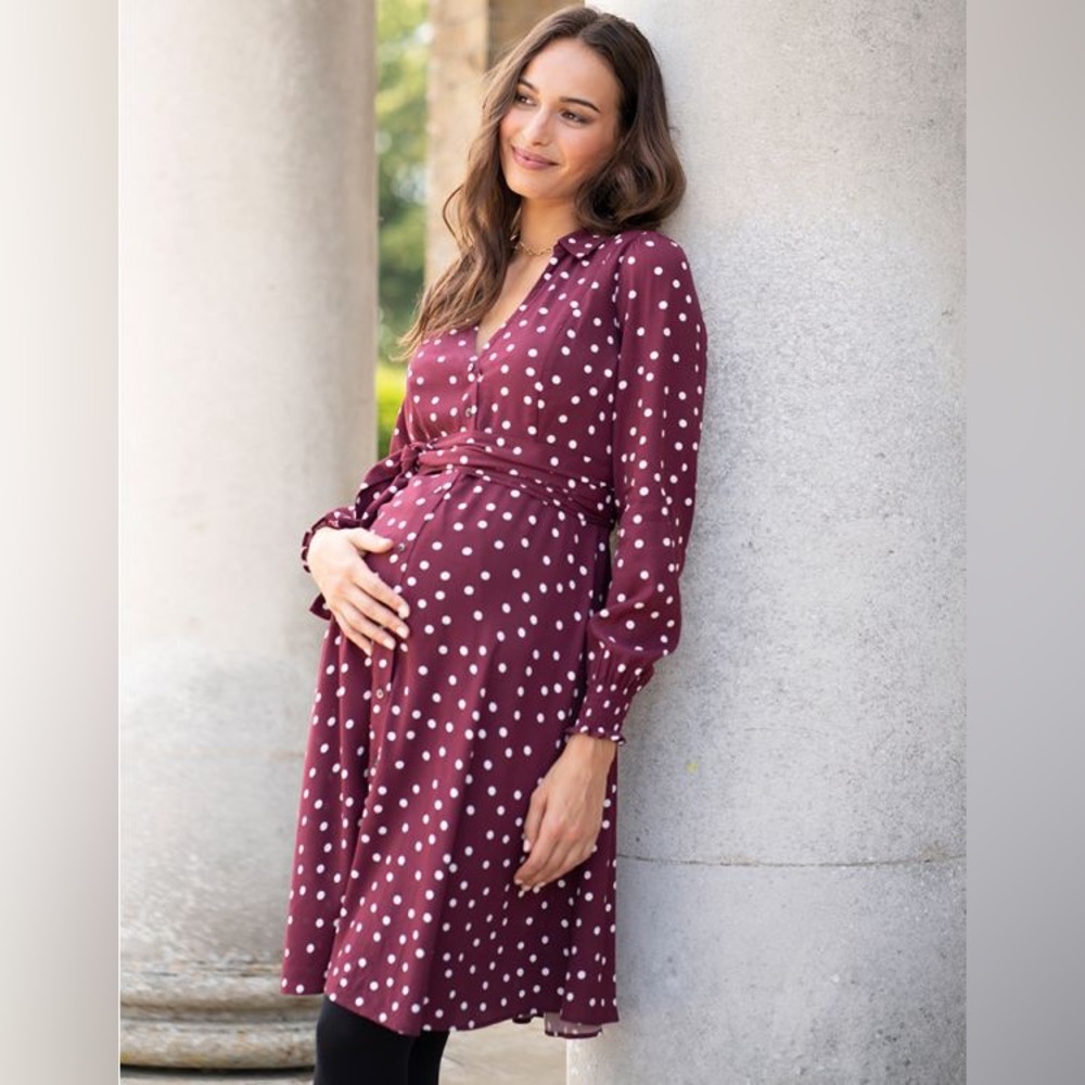 NWOT Seraphine Burgundy Polka Dot Maternity & Nursing Shirt Dress Size 10